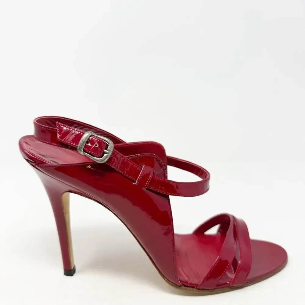 Manolo Blahnik Dodo Red Patent Leather Strappy Sandal Heels Womens Size EU 38.5